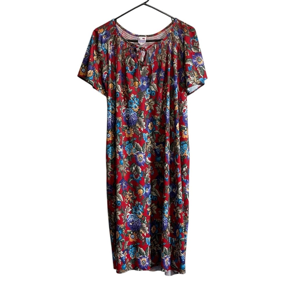 Vintage Granada Red Floral Polyester Nightgown Muumuu Pullover USA Large